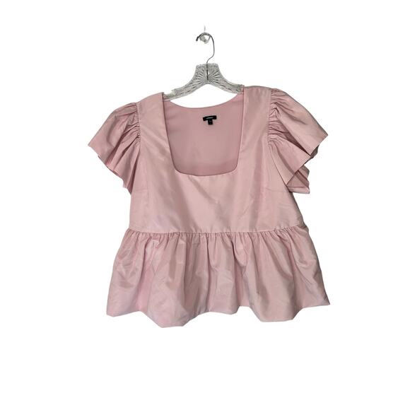 Express Pink Dressy Short Sleeve Ruffle Square Neck Baby Doll Blouse Size Large - Picture 1 of 8